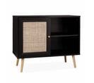 Meuble De Rangement En Cannage 80x39x65.8cm  Bohème - Noir -  2 Niveaux - 1 Porte -  Pieds