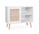 Meuble De Rangement En Cannage 80x39x65.8cm  Bohème - Blanc -  2 Niveaux - 1 Porte -  Pieds