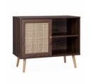 Meuble De Rangement En Cannage 80x39x65.8cm  Bohème - Couleur Bois Foncé -  2 Niveaux - 1 Porte -