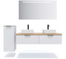 Ensemble Salle De Bain 2 Vasques Posées 140cm 2 Tiroirs Blanc + Miroir + Colonne Gauche - Soho