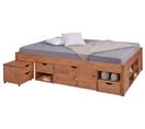 Lit Double Multi-rangements TILL 180x200cm 2 chevets 6 tiroirs 8 niches en Bois Massif Brun-Noisette