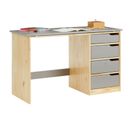 Bureau Enfant Emma, En Pin Massif, 4 Tiroirs Et Plateau Inclinable, Naturel Et Lasuré Gris