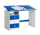 Bureau Enfant Kevin, En Pin Massif, 3 Tiroirs Et Plateau Inclinable, Lasuré Blanc Et Bleu