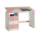 Bureau Enfant Kevin, En Pin Massif, 3 Tiroirs Et Plateau Inclinable, Lasuré Blanc Et Rose