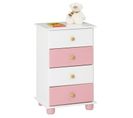 Commode Isabella En Pin Massif, 4 Tiroirs, Lasuré Blanc Et Rose