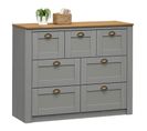 Commode Bolton Avec 7 Tiroirs, En Pin Massif Lasuré Gris Et Brun