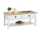 Table Basse Tequila Style Mexicain Avec 2 Tiroirs, En Pin Massif Blanc Et Brun