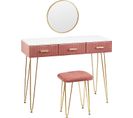 Coiffeuse Table Maquillage Avec Miroir+Tabouret En Mdf+Velours+Métal.100x40x77.5 cm.Rose+Blanc+Or