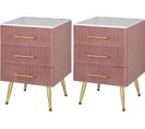 Lot De 2 Table De Chevet En Velours - Table De Nuit Avec 3 Tiroirs - 40.5x41x62cm - Rose