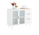 Buffet Bas, Commode Armoire De Rangement, Buffet Bahut, 3 Tiroirs Et 2 Portes Vitrées, Blanc,fsb86-w