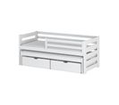 Lit Simple 90x200 + Gigogne 90x190, 2 Matelas, 2 Tiroirs, Protection. Bois Blanc. Lene