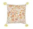 Coussin Déco à Pompons "fleurs" 45x45cm Blanc