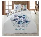 Parure De Lit Double Réversible Harry Potter - Blason Hogwarts - Les 4 Maisons - Blanche Et Bleue -