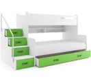 Lit 3 Places Max 3 200x80 Et 200x120 Avec Matelas Sommier Tiroir Et Escalier En Blanc+vert