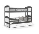 Lit Superposé Mateo 90x190 Gris - Blanc Livré Avec Sommiers, Tiroir Et Matelas En Mousse De 7cm