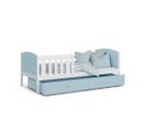 Lit Enfant Tomy 90x190 Blanc - Bleu Livré Avec Sommiers, Tiroir Et Matelas En Mousse De 7cm