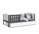 Lit Enfant Tomy 90x190 Gris - Blanc Livré Avec Sommiers, Tiroir Et Matelas En Mousse De 7cm