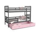 Lit Superposé Milo 90x190 Gris - Rose Livré Avec Sommiers, Tiroir Et Matelas En Mousse De 7cm