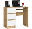 Bureau D'ordinateur Gauche A6 Chêne Artisan 90 Cm 3 Tiroirs Façade Blanche 1 Étagère 90x50x77