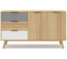 Buffet En Pin Massif Chêne Blanc Et Gris, Meuble De Rangement - L. 140 X P. 40 X H. 80 Cm