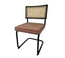 Chaise Cannage En Canne De Rotin, Cadre En Bois Noir, Assise En Velours Rose, Pied En Métal Noir