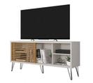 Meuble TV 55 Pouces Pieds Métal Blanc Ecru Chêne L 136 H 62 P 36 Cm