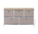 Meuble De Rangement Bas Chiffonier À 5 Tiroirs En Metal Et Tissu Blanc Beige