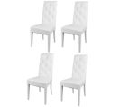 Set 4 Chaises Chantal, Hêtre Peindré Blanc,assise Et Dossier Revêtus En Cuir Artificiel Avec Boutons