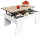 Table Basse Gotham Avec Plateau Relevable Et Rangement -  Blanc / Bois