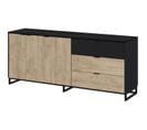 Buffet Neo - Mélaminé Chêne Et Noir - 3 Portes + 2 Tiroirs + 1 Niche - L180 X P44 X H75,5 Cm