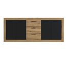 Buffet Indus Mélaminé Chêne Et Noir - 4 Portes + 3 Tiroirs - L 206 X P 45 X H 83,5 Cm - Stone