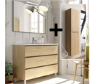 Meuble De Salle De Bain 60cm Simple Vasque + Colonne De Rangement Palma - Bambou (chêne Clair)