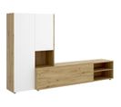 Meuble TV Paroi Murale Mélaminé Chêne Artisan Et Blanc Mat 3 Portes L 227 X P42 X H141 Cm