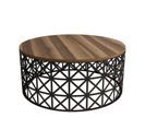 Table Basse Ronde Ellipticum D90cm Support Grille Ajouré Bois Foncé Et Métal Noir