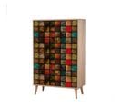 Armoire Fermé Repono L80xh127cm Bois Naturel Et Motif Carreaux Multicolore