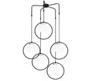 Suspension 5 Lampes Globes Cerclés Haut Saccade Bioxy Verre Blanc Et Métal Noir