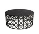 Table Basse Ovale Ellipticum Support Grille Ajouré Bois Marbre Noir Et Métal Noir