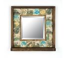 Miroir Mural Dallat L32,5xh33cm Bois Massif Foncé Motif Plantes Tropicales Vert, Bleu Et Jaune