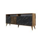 Buffet Bas 4 Portes Et 2 Niches De Rangement Kaltes L180cm Bois Foncé Et Effet Marbre Noir