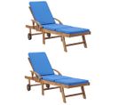 Chaises Longues Avec Coussins 2 Pièces Bois De Teck Solide Bleu