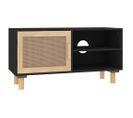 Meuble TV Noir 80x30x40 Cm Bois De Pin Massif Et Rotin Naturel