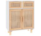 Buffet - Bahut - Meuble De Rangement Blanc 60x30x75 Cm Bois De Pin Massif Et Rotin Naturel