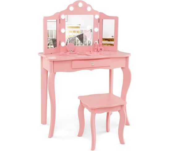 2 En 1 Coiffeuse Enfants Et Tabouret Avec Miroir Amovible à Trois Volets, 3 Ans+, 70x34x103cm(rose)