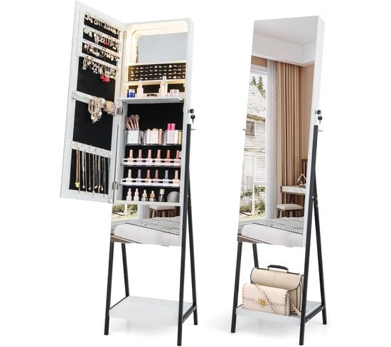 Armoire à Bijoux Avec Miroir Sur Pieds, Miroir Psyché HD Sans Cadre, Verrouillable(blanc)