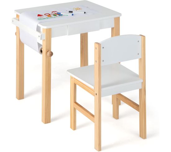 Bureau Enfants Avec Chaise et Rouleau De Papier De 10mx22cm, 2 Marqueurs Pour Enfants De 3 Ans+