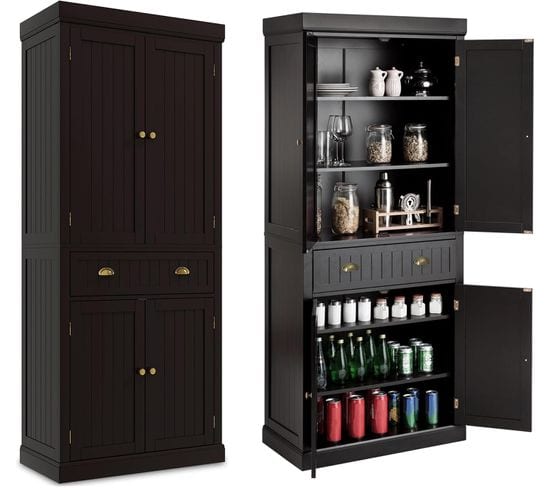 Armoire Cuisine, Buffet Cuisine Rangement 4 Portes Avec Grand Tiroir, 4 Étagères Réglables(marron)