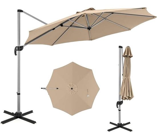 Parasol Déporté Φ339cm, Parasol De Jardin Rond Avec Base En Croix, Parasol Inclinable (beige)