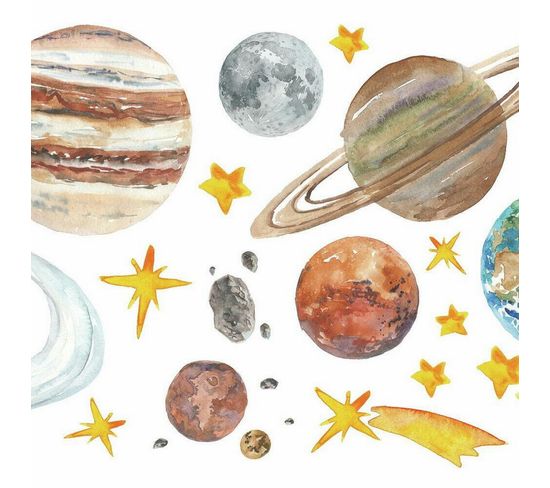 Stickers Muraux Planète Et Système Solaire Motif Aquarelle