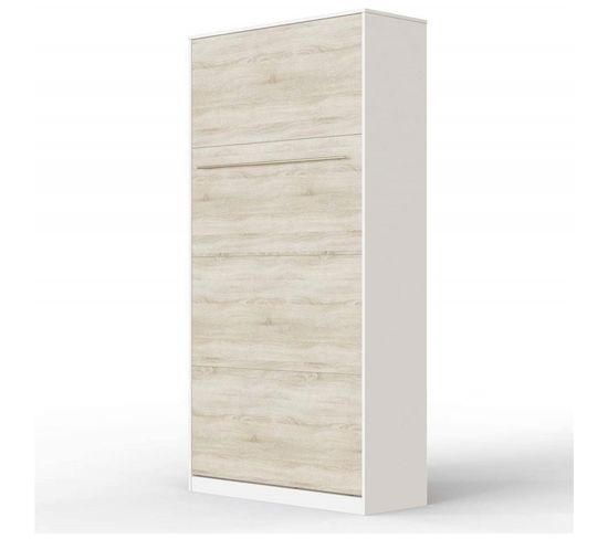 Armoire Lit Escamotable 90x200 cm Vertical Mural Supérieur Blanc /chêne Sonoma