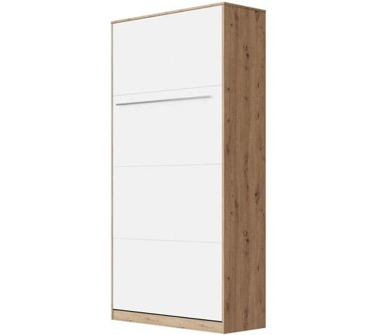 Armoire Lit Escamotable 90x200 cm Vertical Mural Supérieur Chêne Sauvage/blanc